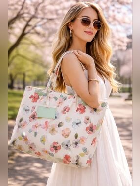 Indigo/ Floral Print Tote Bag with Mint Inside/ Card Holder